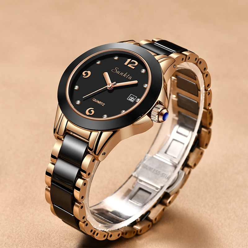 SUNKTA 6615 Black Bracelet Diamond Ladies Wrist Watch